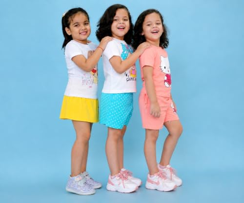Image of Chandrika Kids Cotton Coordinated Set Pack of 3 half Sleeve And sleeveless T-Shirts & Shorts and skirt Baby Girls Summer Dress Combo