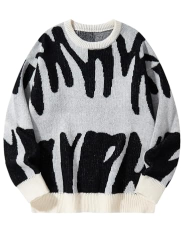 Men Irregular Pattern Pullover Casual Crew Neck Long Sleeves Contrast Knitted Sweater