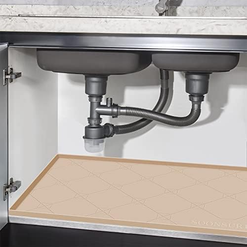 Under Sink Mat, Under Sink Mats for Kitchen Waterproof, 28”x22” Silicone Under Kitchen Sink Liner Mat, Flexible Under Sink Drip Tray for Kitchen Bathroom, Thick Under Sink Rubber Mat With Lip, Beige
