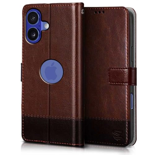 Image of FLIPPED Vegan Leather Flip Case Back Cover for iPhone 16 (Flexible, Shock Proof | Hand Stitched Leather Finish | Card Pockets Wallet & Stand | Brown with Coffee)