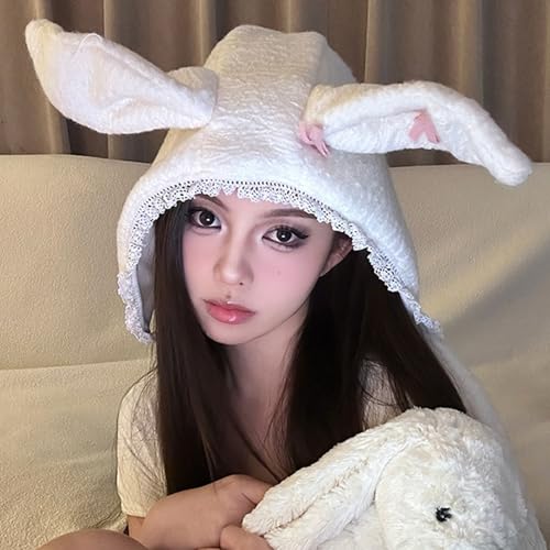 Furry Cartoon Head Covering with Ear for Girls Cartoon Rabbits with Lace Brim Oversized Headgear Hat Photo Props3