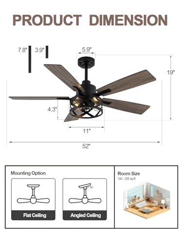 Image of 52 inch Farmhouse Rustic Caged Chandelier Fan with Light