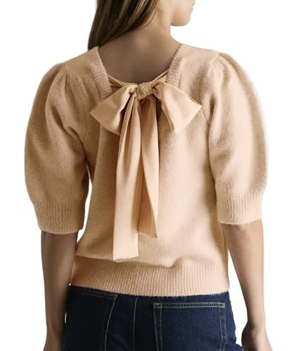 Image of Seyumixi Women Cute Bow Sweater Puff Short Sleeve Crewneck Knitted Shirt Bowknot Tie Back Knit Pullover Tops