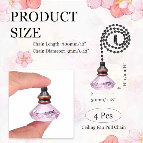 Image of MECCANIXITY 4Pack Ceiling Fan Pull Chain, 12 Inch Decorative Ornaments Diamond Pendant Pull Chain Extension for Ceiling Fans Light Lamp, Pink