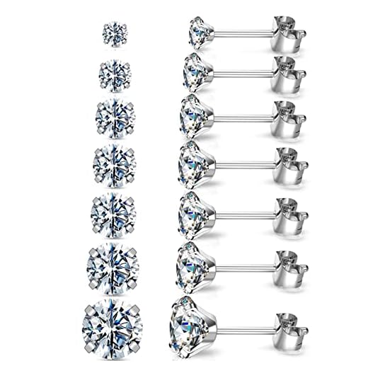Silver Gold Black Stud Earrings Set 7Pairs Hypoallergenic Cubic Zirconia Titanium Stainless Steel Silver Rose Gold Black CZ Cartilage Stud Earrings Jewelry Sets for Women Men, 2-8mm CZ Stud Earrings