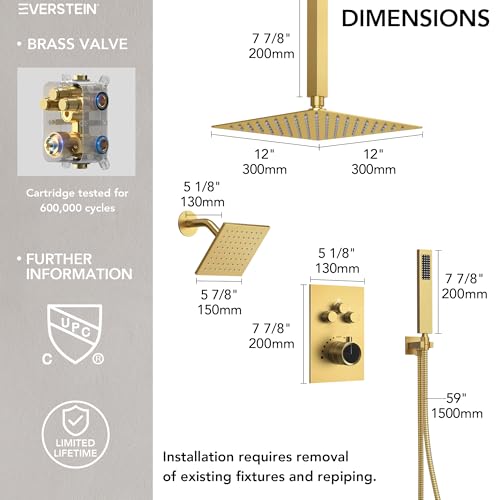 Image of Ceiling Mount 12 inch High-Pressure Rainfall Shower Faucet, Dual Rainfall Shower Head System with Valve (Brushed Gold)