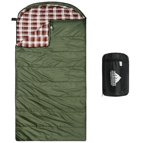 AGEMORE Cotton Flannel Sleeping Bag for Adults Lightweight XXL Cotton Sleeping Bag for Camping Backpacking or Hiking Water Resistant 3-4 Season Warm & Cool Weather