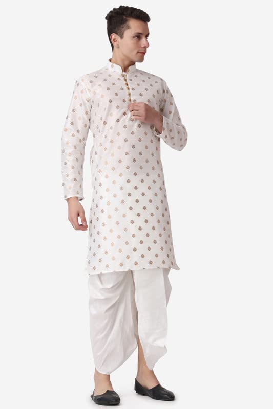 Image of Royal Kurta Men's Jacquard Silk Printed Cream Kurta White Dhoti Set