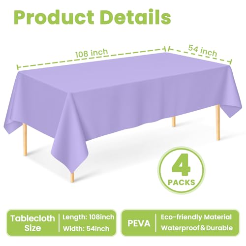 Image of Mulbozy Light Purple Plastic Table Cloth Disposable 4 Pack, 54 x 108 Inch Tablecloths Rectangle, Lavender Plastic Table Cover for Party Decor