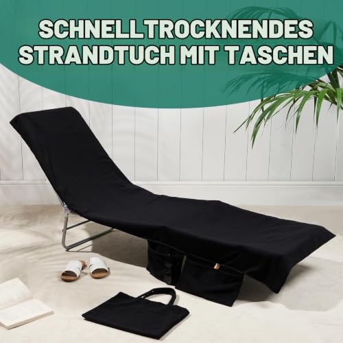 Brentfords Liegestuhl Handtuch für Sonnenliege mit Taschen, Mikrofaser Schnelltrocknend, Schwarz 215 x 75cm – Ansicht 2
