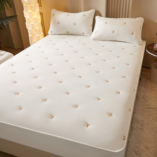 Protector De Colchón con Bordado De Lazo, Funda Ajustable De Fácil Cuidado con Tiras Elásticas, Protector Lavable con Todo Incluido.-White||180cmx200cm