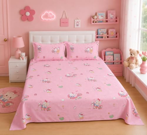Image of Filymore Kids Double Bedsheet with 2 Pillow Covers | Cartoon Kitty Printed Bed Sheet for Double Bed | 240 TC Soft Microfiber Bedding Set | 90 x 90 Inch Bedspread | Pink & White