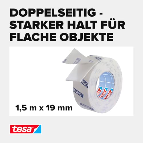 tesa Powerbond Montageband für Fliesen & Metall, feuchtraumbeständig, mit bis zu 10 kg Haltekraft pro Meter - doppelseitiges Montageklebeband für glatte Oberflächen - 1,5 m x 19 mm