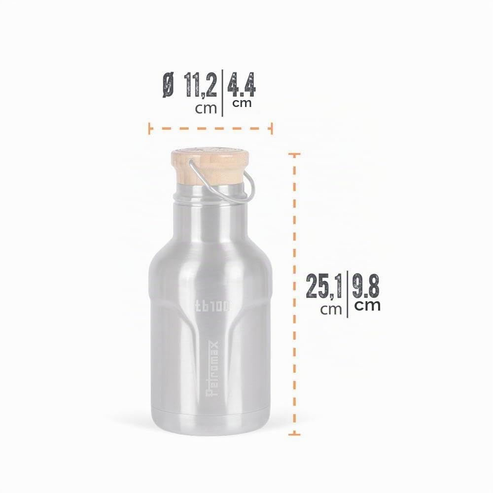 Petromax Isolierflasche 1L - Edelstahl Vakuumflasche & Thermoskanne | BPA-freie Trinkflasche mit Bambusdeckel - Robustes Design ideal für Outdoor und Camping - Hält bis zu 22h warm und 94h kalt