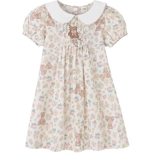 Vintage Smocked Cotton Dress for Toddler & Little Girls Short Sleeve with Peter Pan Collar