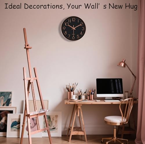 Image of Modern Silent Wall Clock - 12 Inch Wall Clocks Battery Operated Large Number, Non-Ticking Analog Clock with Tempered Glass Quartz Clocks for Living Room Bedroom Office Kitchen, Black Rose Gold