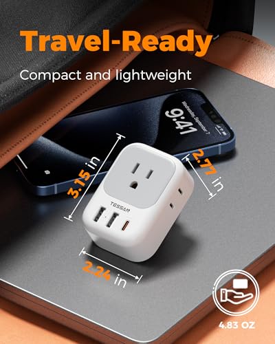 Image of TESSAN South Africa Type M Power Adapter | 4 American Outlets, 3 USB Charger (1 USB C Port), For US to Bhutan Botswana Namibia Nepal