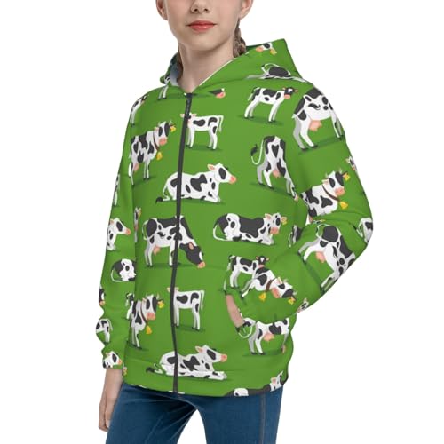Cows With Calfs Green Kids Pullover Hoodies Boys Zip Up Sweatshirts Girls Athletic Clothes with Pocket