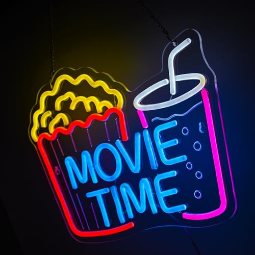 Image of Movie Time Neon Sign with Popcorn & Drink - Dimmable snacks LED Light for Home Theater & Movie Night Room Decor | Gift for Film Lovers (15x12 inch)