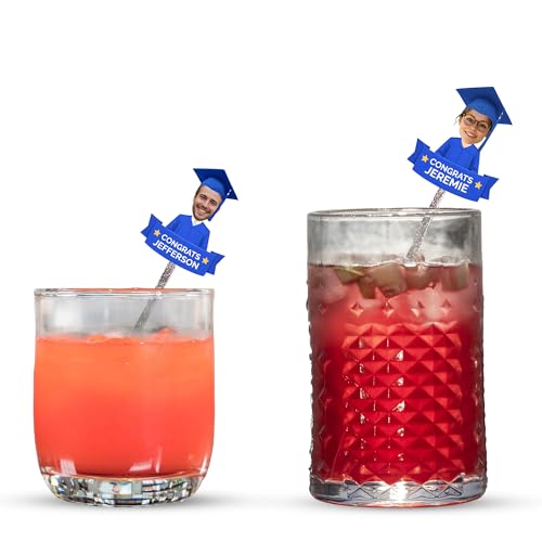 Bleu Reign Custom Photo Swizzle Sticks | Grad with Graduation Banner Face Drink Stirrers | Graduation Senior Party Decor | Personalized Big Head Cutout