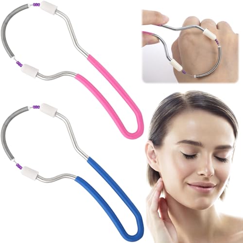 YALOJE 2pcs Manual Facial Hair Remover, Portable Stainless Steel Spring Epilator with Bead, Mild Facial Threading Hair Remover for Women Men - Blue, Pink