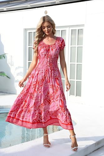 Image of OSTOO Women's Floral Maxi Dress Boho Summer Short Sleeve Smocked Waist Tiered Long Dress