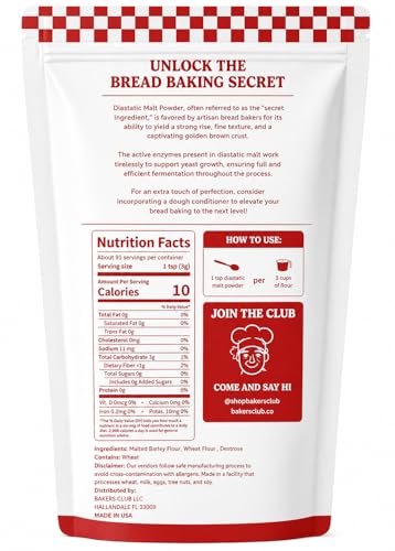 Image of Bakers Club Artisan Diastatic Malt Powder 10oz - Enhance Flavor, Crust, Rise, Texture - Baking Bread, Pizza Crust, Pretzels, Desserts, Muffins, Bagels, Sourdough, Milkshakes - Made in USA, Malted Barley Flour 10oz