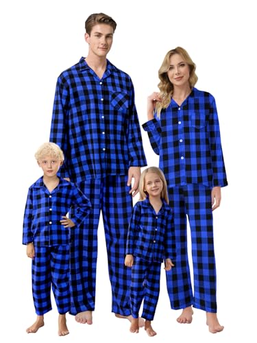 Schbbbta Pajamas for Mens, Flannel Black Blue Family Plaid Pajamas Cotton 2-Piece Button Down Sleepwear Pjs Sets, Black Blue, US S
