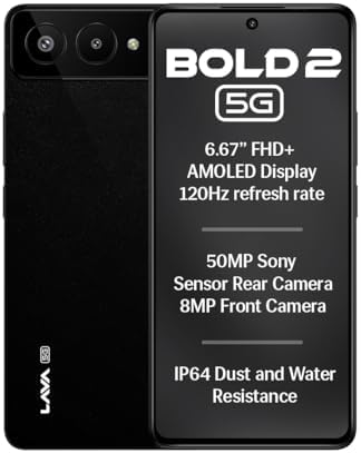 Lava Bold 2 5G (Midnight Black, 6 GB RAM, 128 GB Storage) | 6.67" FHD+ AMOLED Display | MTK D7060 Processor | 50 MP Front Camera | LPDDR5 UFS 3.1 ROM | 5000 mAh | 33W Fast Charging