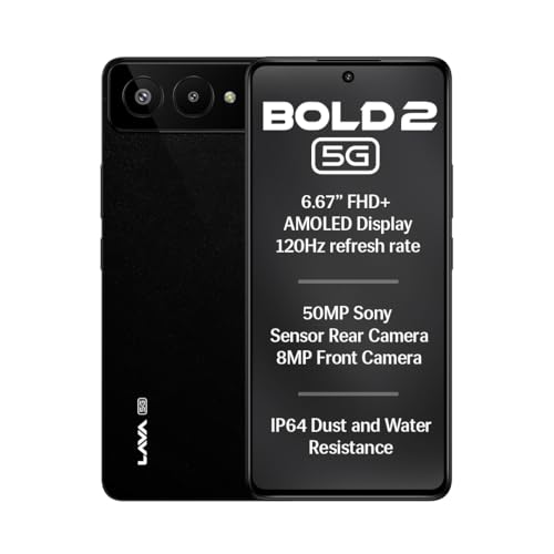 Lava Bold 2 5G (Midnight Black, 6 GB RAM, 128 GB Storage) | 6.67" FHD+ AMOLED Display | MTK D7060 Processor | 50 MP Front Camera | LPDDR5 UFS 3.1 ROM | 5000 mAh | 33W Fast Charging view 1