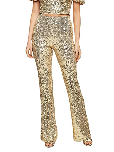 Svuitmsl Womens Sexy High Waist Sequin Pants Shiny Loose Elastic High Waist Sparkle Flared Trousers Glitter Disco Party Long Pants (B-Golden, M)
