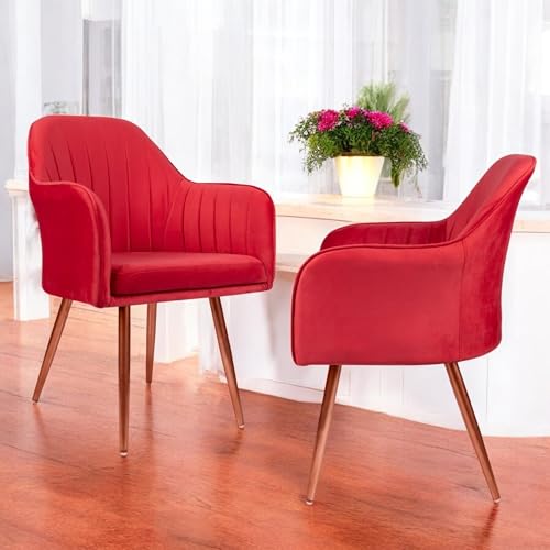 Image of Set of 2 Accent Chair for Living Room | Modern Armchair in Soft Velvet Fabric with Sturdy Legs | Premium Chair for Home Living Room Bedroom Restaurent | (Bronze Legs, Red)