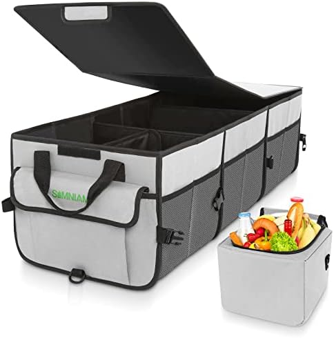 Simniam Car Trunk Organizer with Insulated Grocery Bag- 92L High Capacity Car Storage Box, with 4 Compartments, Reflective Strip, Cover, for Auto, SUV, Truck, Minivan