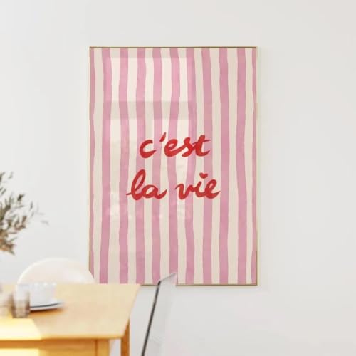 Cuadro decorativo de pared Baibexing con rayas rosas y frase C'Est La Vie para sala de estar 2
