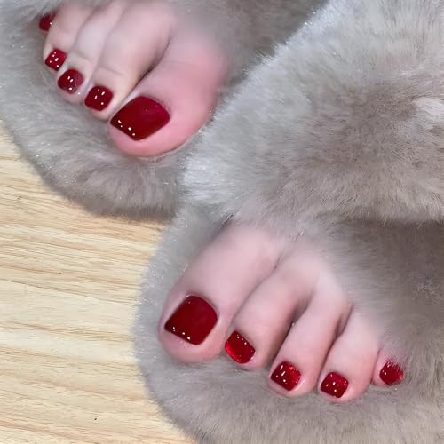 Wine Red Press On Glitter Fake Toenails - Short Square Acrylic Full Cover Glue On Glossy Glitter False Nails with Solid Color Designs Artificial Stick On - 24PCS