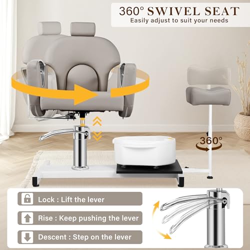 KIIUMI Reclining Pedicure Chair for Nail Tech, Hydraulic Lift Pedicure Station No Plumbing with Footrest Massage Basin, Rolling Stool, 360 ° Swivel Foot Spa Chair for Massage Shop, Gray