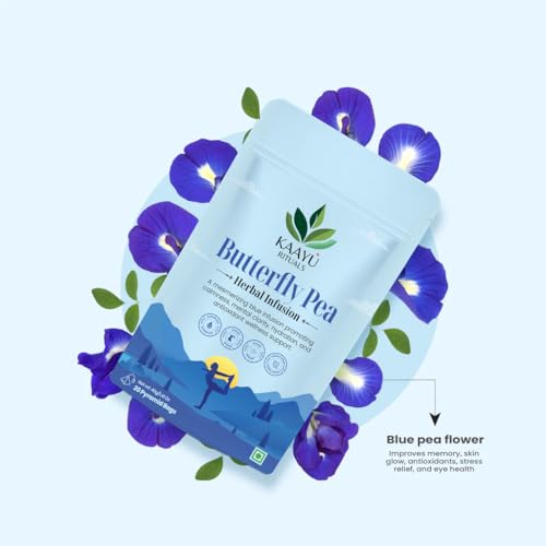 Image of Kaayu Rituals Butterfly Pea Flower Blue Tea 40g | Herbal Infusion with Butterfly Pea Flowers | Rich in Antioxidants | Supports Brain Health, Relaxation, Skin & Hair Wellness | 20 Pyramid Tea Bags