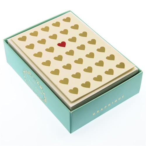 Image of Graphique Lots of Love La Petite Presse Boxed Notecards - 10 Embossed and Embellished Gold Foil Heart Blank Cards with Matching Envelopes, 3.25 x 4.75 inch (L1315CB)