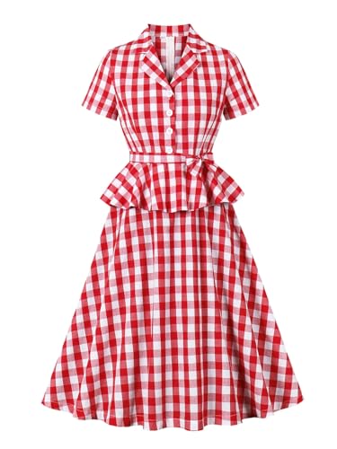 Rot kariertes Midikleid für Damen Vintage-Kleid mit Rüschen Taillenbund Hepburn-Stil gepunktetes Revers Knopfleiste 1950er-Jahre-Vintage-Karokleid...
