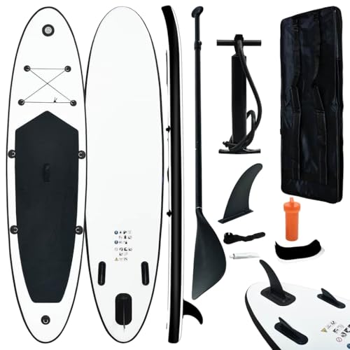 vidaXL Juego de Tabla de Paddle Surf Hinchable, Tabla Inflable Deportiva, Remo Aleta Extraíble, Tabla para Diversión de Mar, Negro y Blanco