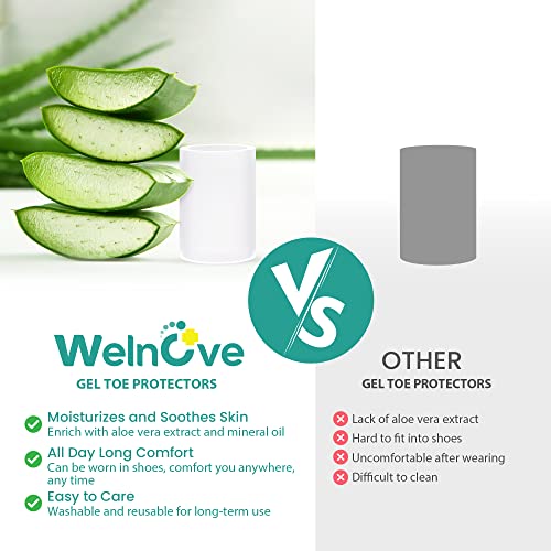 Image of Welnove Toe Protectors - 12-Pack Aloe Vera Extract Infused Silicone Toe Sleeve Toe Covers for Hammer Toes, Corns, Calluses, Blisters - Soft Gel Protector Toe Cushions for Pain Relief (Multi-Size)