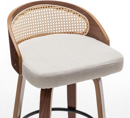 Image of Swivel Rattan Bar Stools with Back Beige Linen Fabric Bar Height Stools 3PC