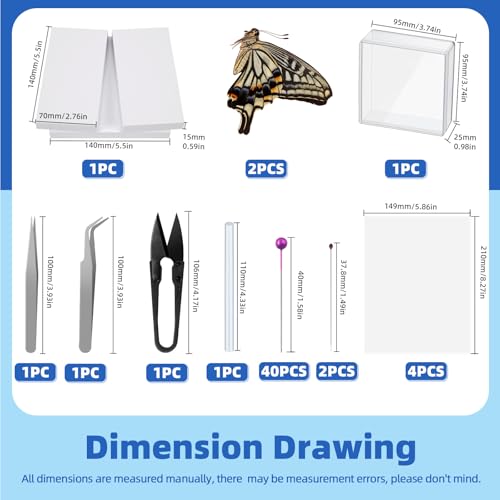 Glarks 15pcs Insekt Probe Werkzeug Kit mit 4pcs Schwefelpapier 2pcs Insekt Pins 1pcs heißer Schmelzkleber Stick 1pcs Acryl Display Case 2pcs ungeflügelte Schmetterling Probe 1pcs Spreadfin Board und 4