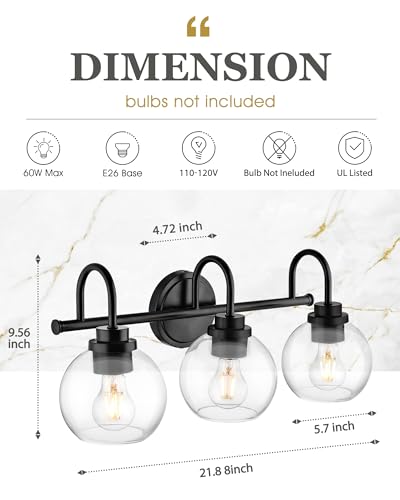 Image of Bathroom Light Fixtures, 3-Light Matte Black Vanity Lights with Globe Clear Glass, Modern Vanity Lighting Fixtures Over Mirror, AD-22280-3W-BK