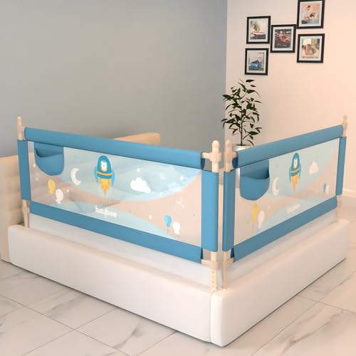 Image of BAYBEE Baby Bed Rails Guard (150x63 cm), Bed Rail for Baby Kids Safety, Portable Bed Rail Falling Protector Fence with Adjustable Height, Foldable Bed Rails for Newborn, Pack of 2, (Blue)