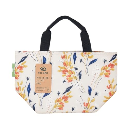 ECO CHIC Lightweight Foldable Insulated Lunch Bag Water Resistant Cooler Bag (Flowers Beige), Regular