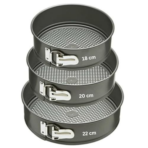 Maghya Professional 3-Piece Springform Cake Pan Set | Non-Stick Carbon Steel Bakeware | 18/20/22 cm Graduated Cake Moulds | Leakproof Removable Bottom | Ideal for Cheesecakes & Layered Desserts