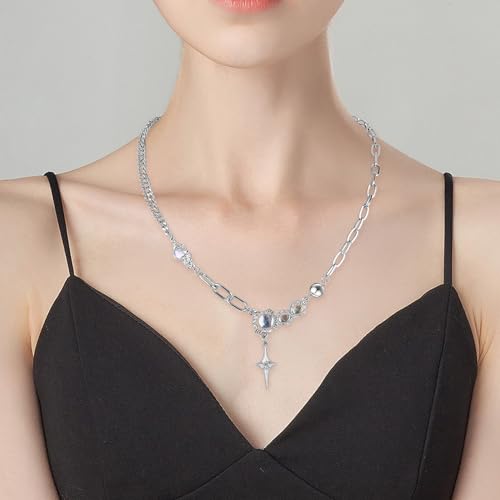 Silver Y2k Star Pendant Necklace Rhinestone Moonstone Irregular Necklace Adjustable Grunge Jewelry Gifts Accessories for Women Aesthetic Star Necklace3