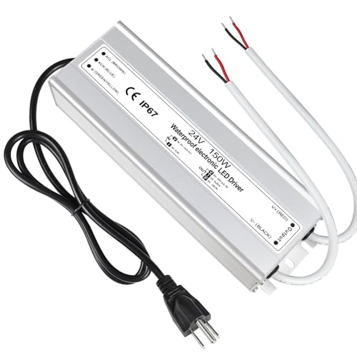 Image of LightingWill LED Driver 150 Watts Waterproof IP67 Power Supply Transformer, 90-265V AC to 24V DC Low Voltage Output, Adapter with 3-Prong Plug 3.3 Feet Cable for Outdoor Use, Computer Project