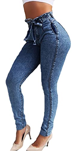 CHARTOU Women's Distressed High Rise Packaged Hip Skinny Jeans Denim Pants with Belt